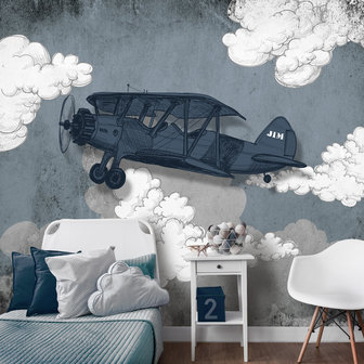 kinderkamer behang vliegtuig blauw grijs