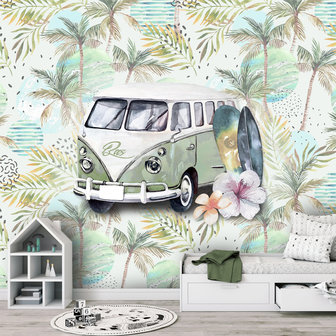 Behang strand surf beach retro volkswagen groen