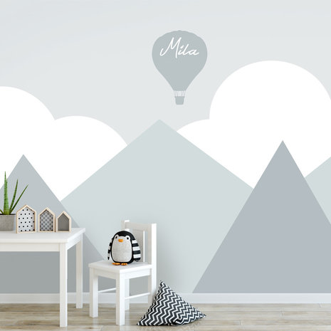 Kinderbehang mint grijs babykamer wolken en bergen