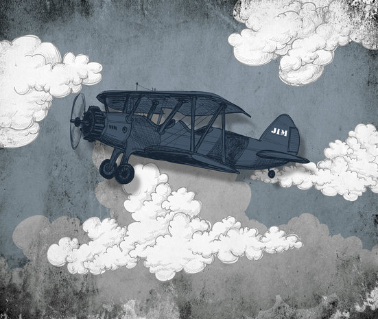 Vliegtuig kinderbehang blauw grijs