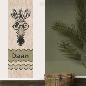Kinderbehang paneel: Zebra groen / rotan met eigen naam.