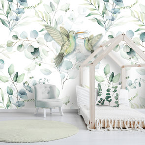 Kinderbehang eucalyptus bladeren en kolibries