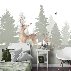 Fotobehang bosdieren hert konijn groen