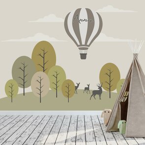 Kinderbehang luchtballon groen taupe met eigen naam