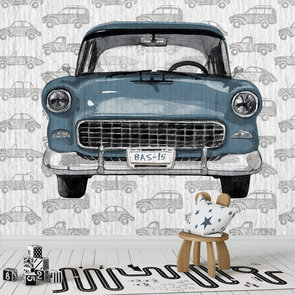 Retro behang kinderkamer: Auto met eigen naam