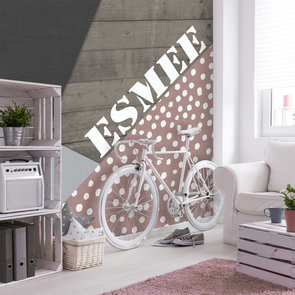 Fotobehang colorblocking heartwood roze / grijs met eigen naam