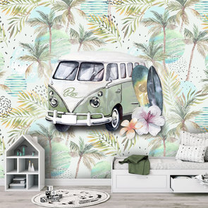 Retro strand / beach / surf groen behang met eigen naam