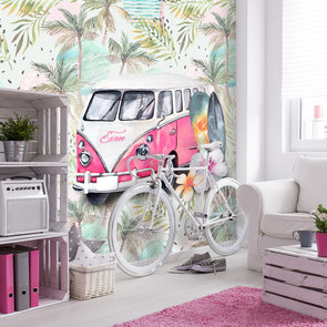 Retro strand / beach / surf roze behang met eigen naam