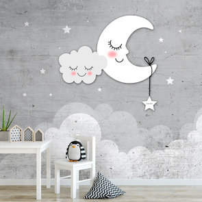 Kinderbehang maan, wolken en sterren grijs met eigen naam