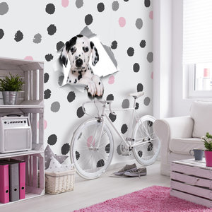 behang dalmatiër stippen zwart wit roze